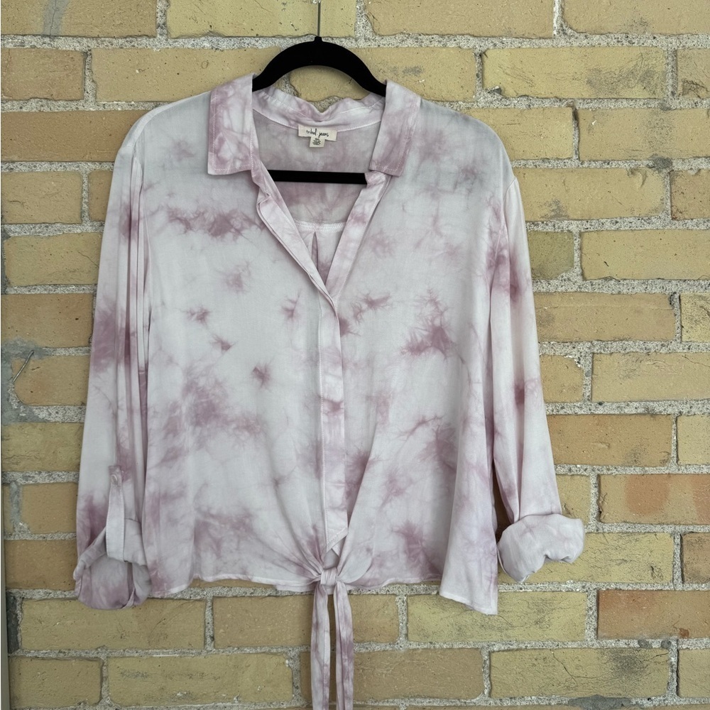 Tribal Pink Button Down Shirt with Tie Front Long Sleeves and Notched Collar